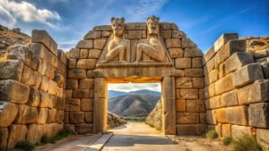 Ancient lion gate entrance to Mycenae citadel