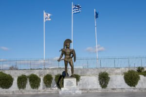 Bronze Statue of Leonidas, King of Sparta at the entrance of the Archeological site in the Peloponnese.