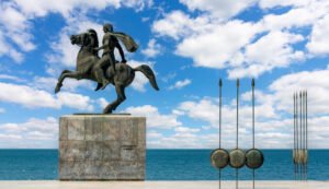 Monument to Alexander the Great on Thessaloniki embankment, Greece (inscription "Alexander the Great")