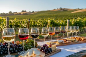 Table elegantly set with various types of wine glasses, each containing a different color of wine, from deep reds to light whites.