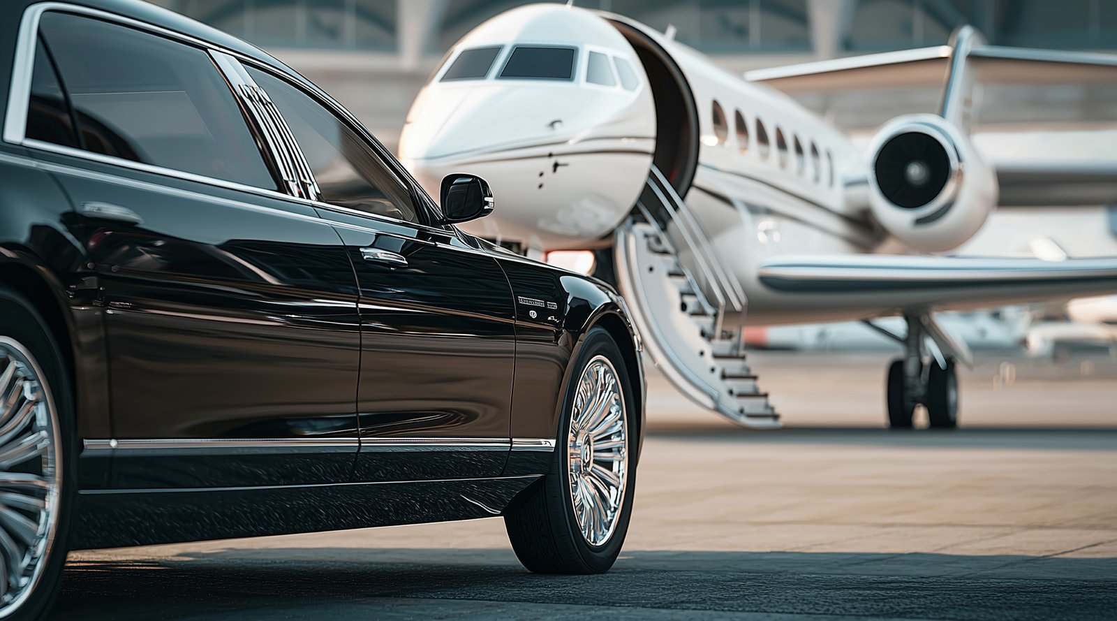 View of black luxury limousine car with private white jet in the background.